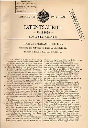 Original Patentschrift - Hugo von Friedland in Greiz i.V., 1906 , Vorrichtung für Litzen !!!