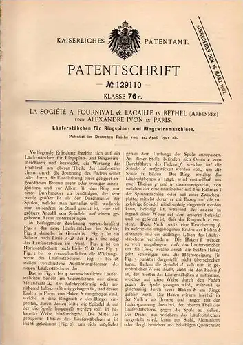 Original Patentschrift - Fournival & Lacaille in Rethel , Ardennes , 1901 , Läufer für Spinnmaschine , Spinnerei !!!