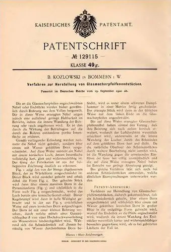 Original Patentschrift - B. Kozlowski in Bommern i.W., 1900 , Glasmacher - Pfeifen , Glas , Glasbläserei !!!