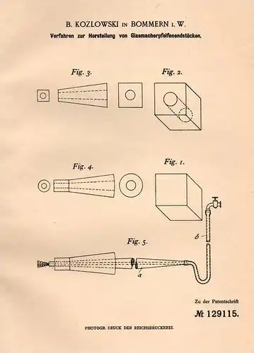 Original Patentschrift - B. Kozlowski in Bommern i.W., 1900 , Glasmacher - Pfeifen , Glas , Glasbläserei !!!