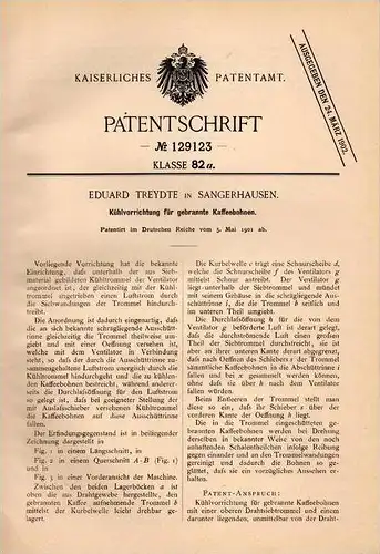 Original Patentschrift - E. Treydte in Sangerhausen , 1901 , Kühlapparat für Kaffeebohnen , Kaffee !!!
