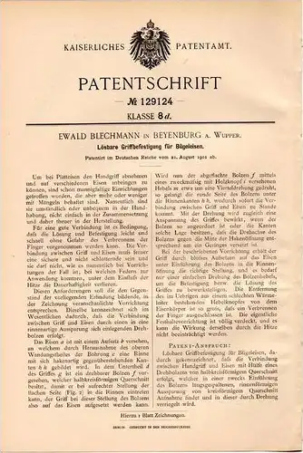 Original Patentschrift - E. Blechmann in Beyenburg b. Wuppertal , 1901 , Bügeleisen - Griff  !!!