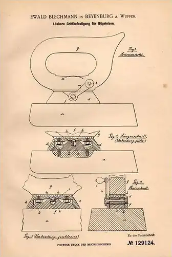 Original Patentschrift - E. Blechmann in Beyenburg b. Wuppertal , 1901 , Bügeleisen - Griff  !!!