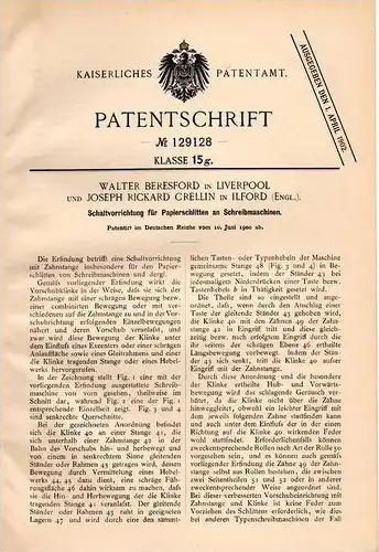 Original Patentschrift - J. Crellin in Ilford und Liverpool , 1900 , Schaltapparat für Schreibmaschinen !!!