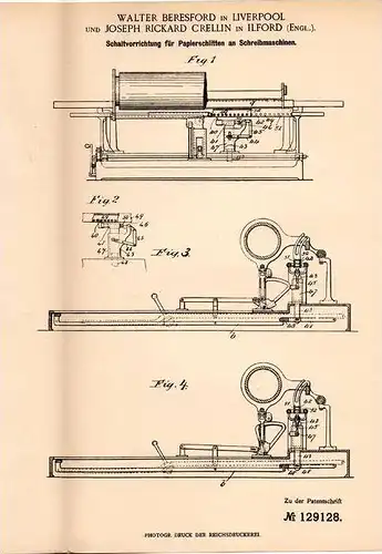 Original Patentschrift - J. Crellin in Ilford und Liverpool , 1900 , Schaltapparat für Schreibmaschinen !!!