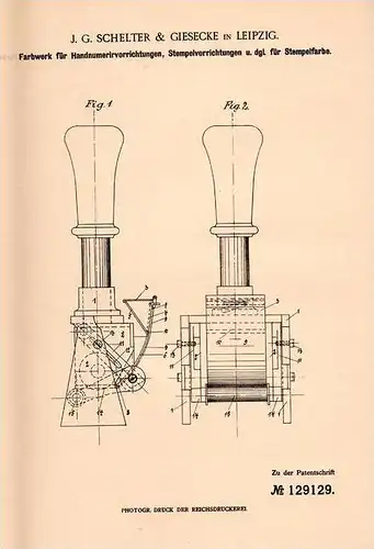 Original Patentschrift - Schelter & Giesecke in Leipzig , 1901 , Stempel - Farbwerk für Stempelfarbe  !!!