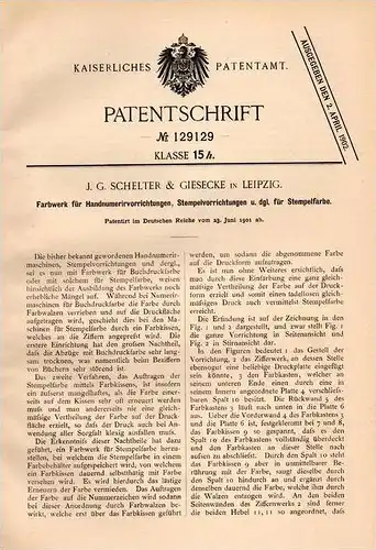 Original Patentschrift - Schelter & Giesecke in Leipzig , 1901 , Stempel - Farbwerk für Stempelfarbe  !!!