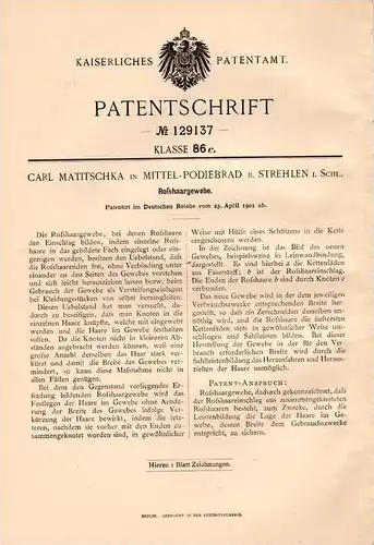 Original Patentschrift - C. Matitschka in Mittel - Podiebrad b. Strehlen i. Schl., 1901 , Gewebe aus Roßhaar !!!