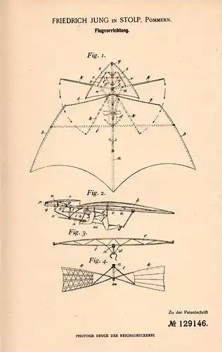 Original Patentschrift - F. Jung in Stolp i. Pommern , 1901 , Flugapparat , Fliegerei , Flugzeug !!!