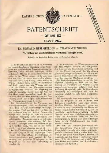 Original Patentschrift - Dr. Eduard Besemfelder in Charlottenburg , 1899 , Apparat für Kohle und Koks !!!