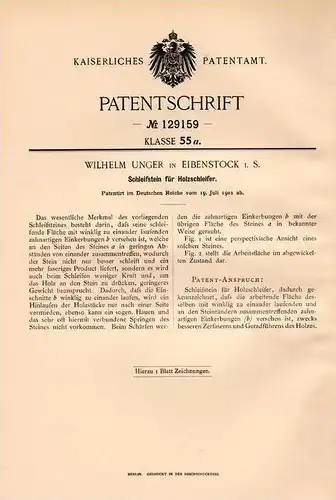 Original Patentschrift - W. Unger in Eibenstock i.S., 1901 , Schleifstein für Holzschleifer !!!
