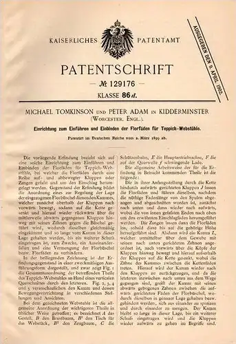 Original Patentschrift - M. Tomkinson in Kidderminster , Worcester , 1899 , Apparat für Teppich - Webstuhl , Weberei !!!