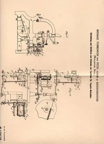 Original Patentschrift - M. Tomkinson in Kidderminster , Worcester , 1899 , Apparat für Teppich - Webstuhl , Weberei !!!