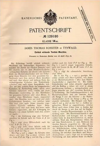 Original Patentschrift - James Th. Rossiter in Tynwald , 1899 , Tandem - Maschine  !!!