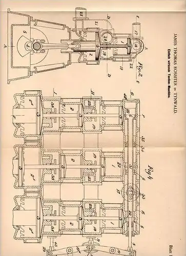 Original Patentschrift - James Th. Rossiter in Tynwald , 1899 , Tandem - Maschine  !!!