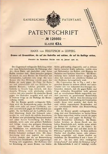 Original Patentschrift - Hans von Feilitzsch in Leipzig , 1901 , Bremse mit Bremsklötzen für Fahrrad !!!