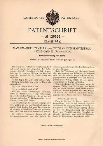 Original Patentschrift - M. Zentler in Csik - Gyimes , Siebenbürgen , 1900 , Flanschverbindung für Rohre !!!