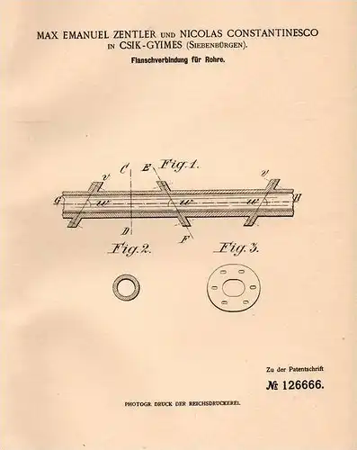 Original Patentschrift - M. Zentler in Csik - Gyimes , Siebenbürgen , 1900 , Flanschverbindung für Rohre !!!