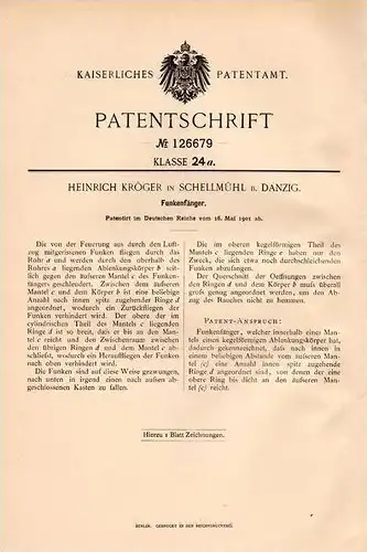 Original Patentschrift - H. Kröger in Schellmühl b. Danzig , 1901 , Funkenfänger , Ofen , Heizung !!!