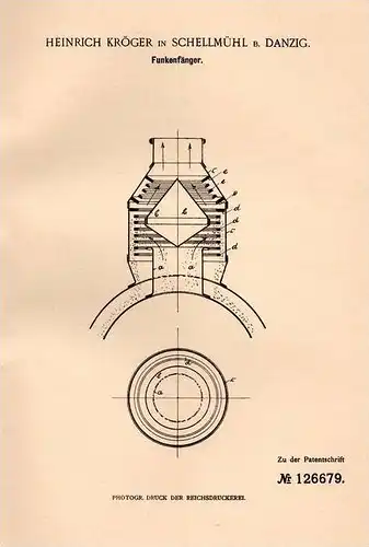 Original Patentschrift - H. Kröger in Schellmühl b. Danzig , 1901 , Funkenfänger , Ofen , Heizung !!!