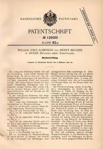 Original Patentschrift - W. Robinson und H. Higgins in Annan , Dumfries - Shire , 1901 , Wendeapparat  für Malz !!!