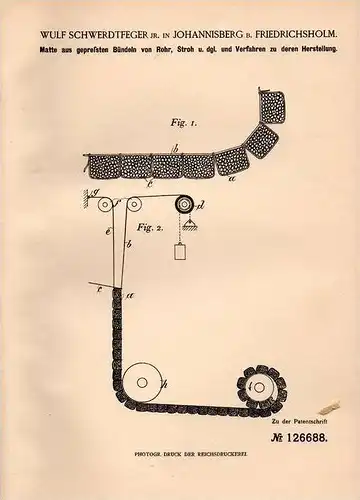 Original Patentschrift - W. Schwerdtfeger in Johannisberg b. Friedrichsholm , 1901 , Matte aus Rohr und Stroh !!!