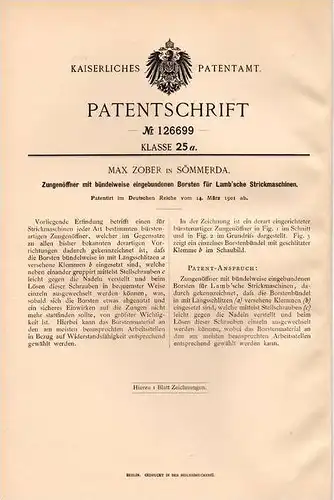 Original Patentschrift - Max Zober in Sömmerda , 1901 , Zungenöffner für Lamb`sche Strickmaschinen , Strickerei !!