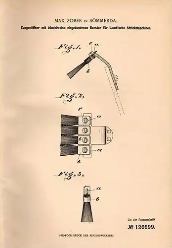 Original Patentschrift - Max Zober in Sömmerda , 1901 , Zungenöffner für Lamb`sche Strickmaschinen , Strickerei !!