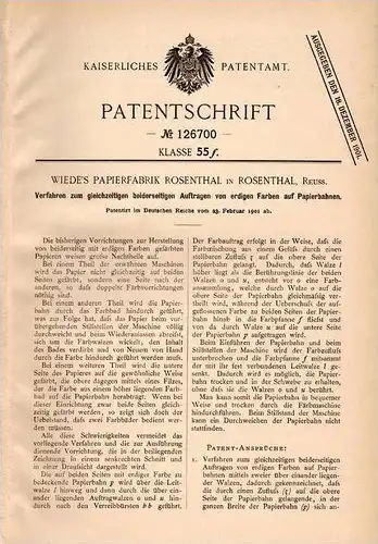 Original Patentschrift - Wiede`s Papierfabrik in Rosenthal , b. Blankenstein , 1901 , erdige Farben auf Papier !!!