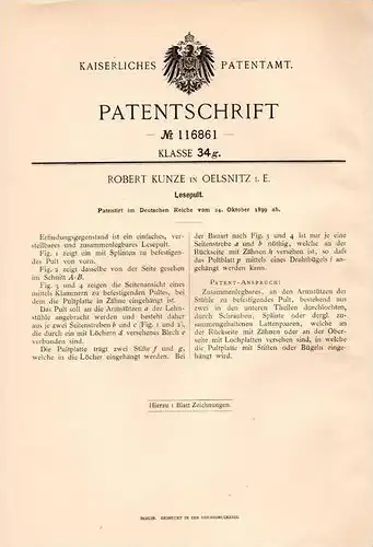 Original Patentschrift - R. Kunze in Oelsnitz i. Erzgeb., 1899 , Lesepult , Pult !!!