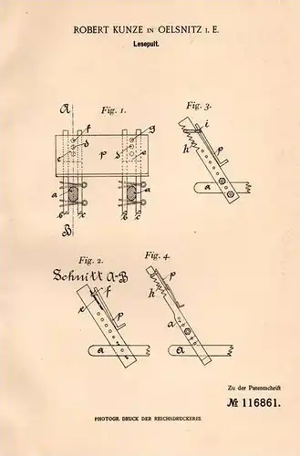 Original Patentschrift - R. Kunze in Oelsnitz i. Erzgeb., 1899 , Lesepult , Pult !!!