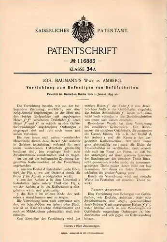 Original Patentschrift - J. Baumann in Amberg , Bayern , 1899 , Befestigung von Gefäß - Teilen  !!!