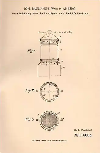 Original Patentschrift - J. Baumann in Amberg , Bayern , 1899 , Befestigung von Gefäß - Teilen  !!!