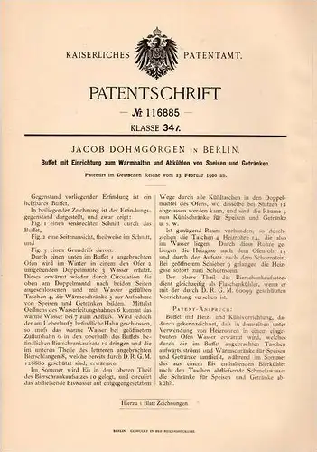 Original Patentschrift - Jacob Dohmgörgen in Berlin , 1900 , Buffet zum Warmhalten von Speisen und Getränken  !!!