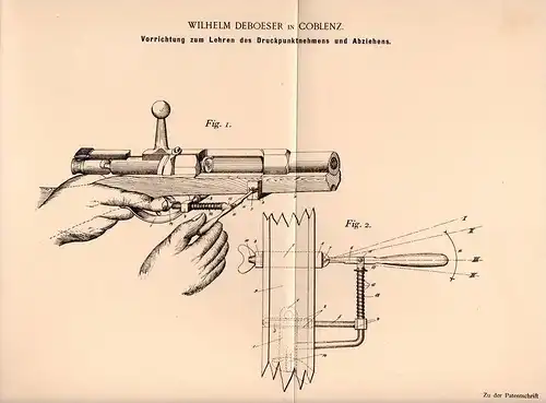 Original Patentschrift - W. Deboeser in Coblenz , 1899 , Apparat für Schießunterricht , Rekruten , Gewehr , Pistole !!!