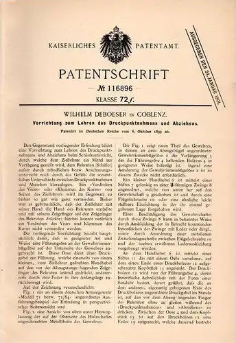 Original Patentschrift - W. Deboeser in Coblenz , 1899 , Apparat für Schießunterricht , Rekruten , Gewehr , Pistole !!!