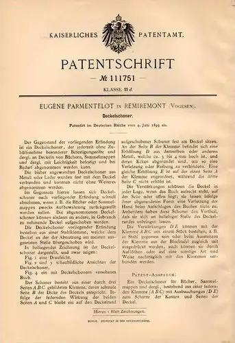 Original Patentschrift - E. Parmentelot in Remiremont , Vosges , 1899 , Deckelschoner für Bücher und Sammelmappen !!!