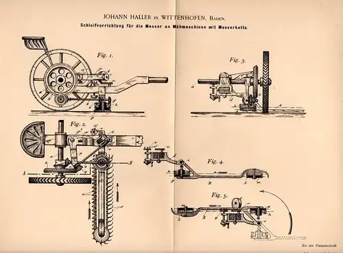Original Patentschrift - J. Haller in Wittenhofen - Deggenhausertal , 1899, Mähmaschine mit Messerkette , Schleifapparat