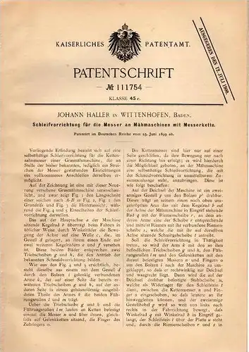 Original Patentschrift - J. Haller in Wittenhofen - Deggenhausertal , 1899, Mähmaschine mit Messerkette , Schleifapparat