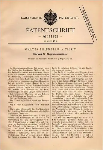 Original Patentschrift - W. Eulenberg in Tilsit , 1899 , Streumaschine für Dünger , Rührwerk , Landwirtschaft !!!