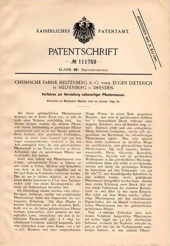Original Patentschrift - E. Dieterich in Helfenberg b. Dresden , 1899 , Salbenartige Pflaster , Salbe , Arzt , Medizin !