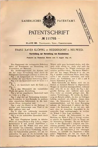 Original Patentschrift - F. Klöppel in Heddersdorf b. Neuwied , 1899 , Apparat zur Kunststein - Herstellung , Bau !!!