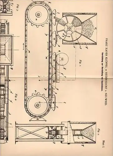 Original Patentschrift - F. Klöppel in Heddersdorf b. Neuwied , 1899 , Apparat zur Kunststein - Herstellung , Bau !!!