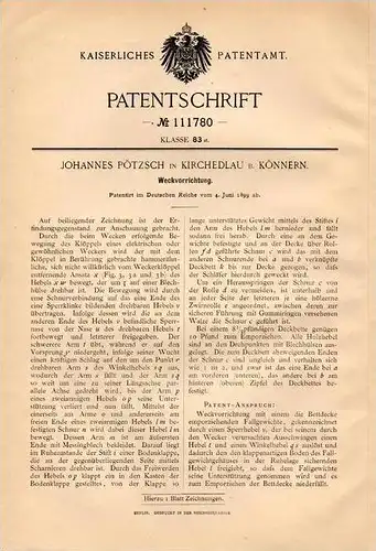 Original Patentschrift - J. Pötzsch in Kirchedlau b. Könnern , 1899 , Weckapparat , Wecker !!!