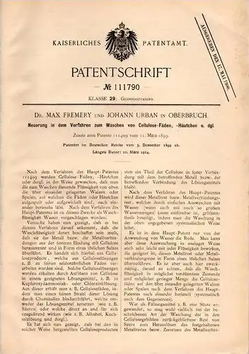 Original Patentschrift - Dr. Max Fremery in Oberbruch b. Heinsberg , 1899 , Waschung von Cellulose !!!