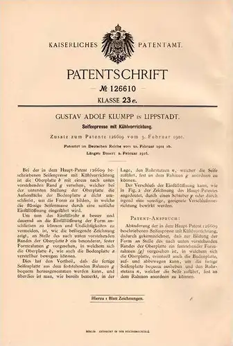 Original Patentschrift - G. Klumpp in Lippstadt , 1901 , Presse für Seife , Seifenmasse !!!