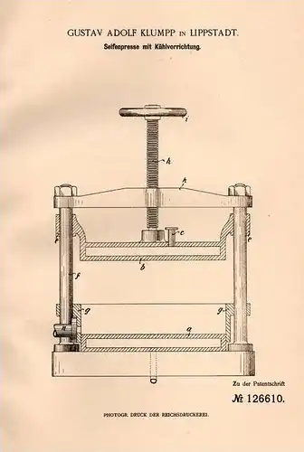 Original Patentschrift - G. Klumpp in Lippstadt , 1901 , Presse für Seife , Seifenmasse !!!