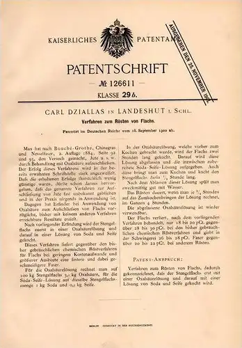 Original Patentschrift - C. Dziallas in Landeshut i. Schl, / Kamienna Góra , 1900 , Rösten von Flachs !!!