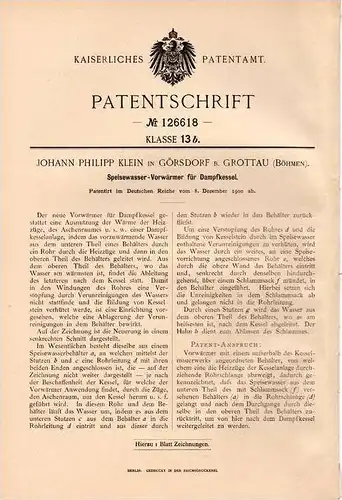 Original Patentschrift - J. Klein in Görsdorf b. Grottau / Hrádek nad Nisou , 1900 , Vorwärmer für Dampfkessel !!!