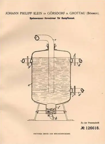 Original Patentschrift - J. Klein in Görsdorf b. Grottau / Hrádek nad Nisou , 1900 , Vorwärmer für Dampfkessel !!!